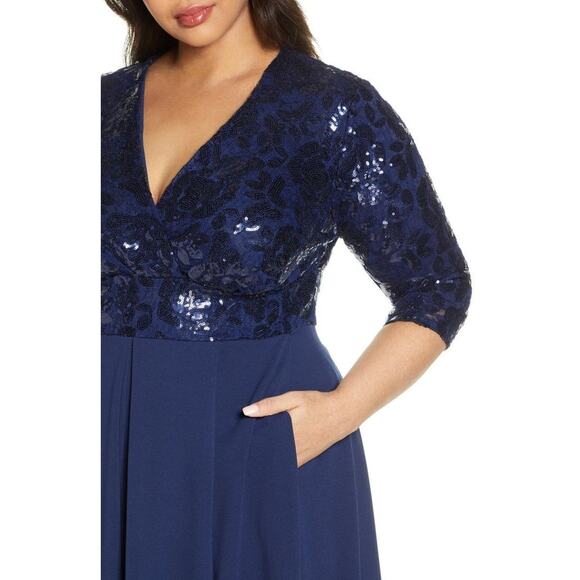 Kiyonna Dress Maxi 2X Navy Blue Paris Pleated Sequin Gown Pockets Formal Lined - Picture 3 of 8